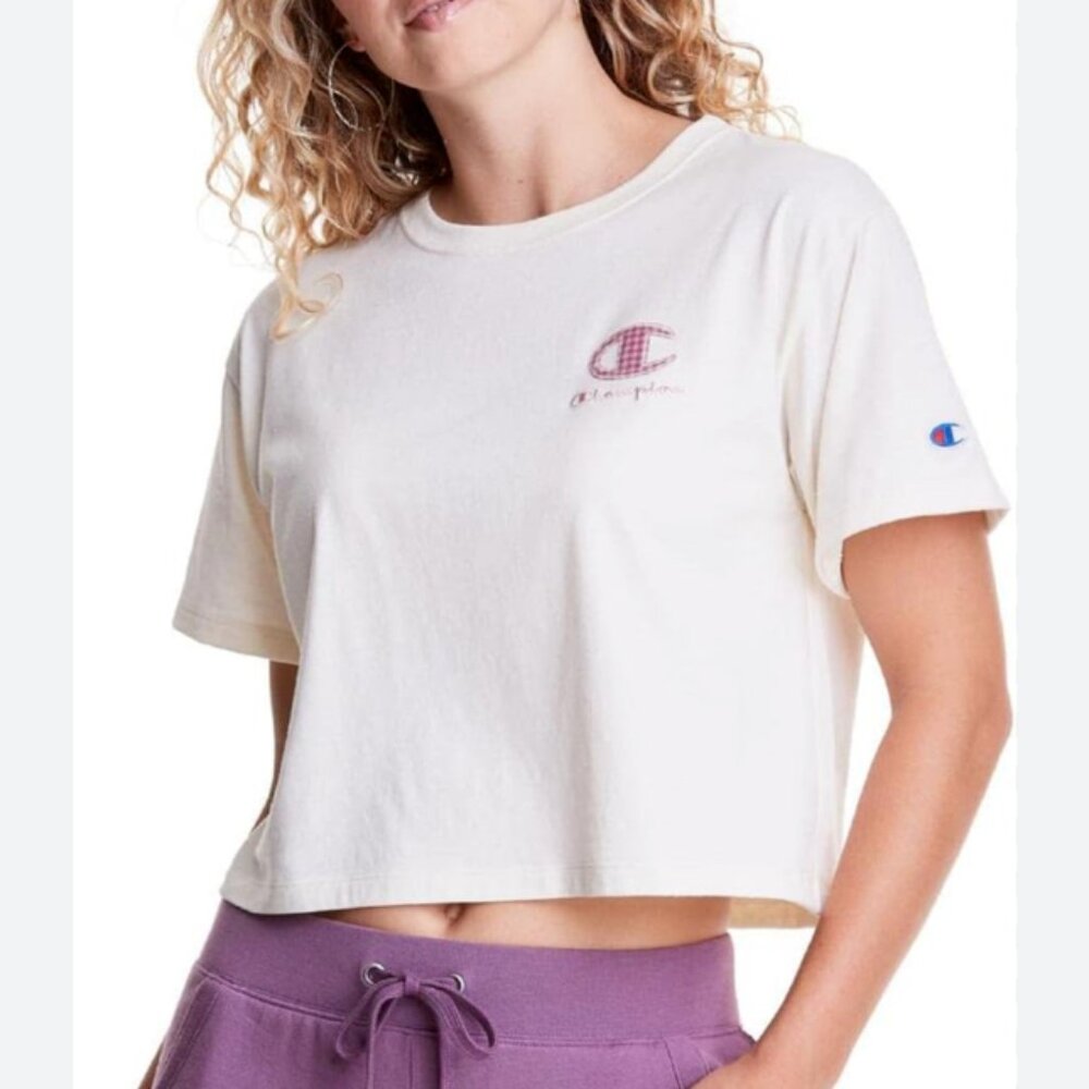 Champion Cropped Ivory T-Shirt Mauve Contrast Stitch 2X